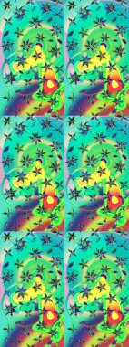 Asya tekstil tarzında. Çiçek desenli çizim. Düz Çiçek Elementleri Tasarımı. Renkli Bahar Teması eskiz kalıbı. Güzel kumaş deseni. Raster illüstrasyonu.