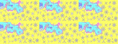 Raster illüstrasyonu. Raster deseni. Sarı ve mavi renklerde bahar çiçekleri. Patlayan çiçekler soyut yerleştirilmiş.