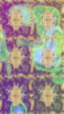 Çiçek kiremitleri. Raster altın tekstil baskısı. Eskiz desenli oryantal süs. Altın elementlerle nötr renklerde altın desen. İslam tasarımı.