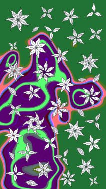 Ağaç dallı bahar çiçekleri ile desen, çiçek siluetiyle yeşil renkler. Raster deseni.