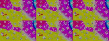 Renkli Yaz Temalı eskiz kalıbı. Düz Çiçek Elementleri Tasarımı. Raster illüstrasyonundaki çiçek desenli çizim. Yeşil ve mor renkte çiçekler.