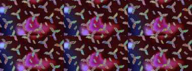 Raster illüstrasyonu. Kahverengi, mor ve mavi kar taneleri. Noel ve yeni yıl moda baskıları için tatil tasarımı. Kar tanelerinin soyut arkaplanlı Noel deseni.