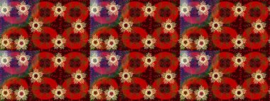 Kar tanelerinin soyut arkaplanlı Noel şablonu. Kırmızı, kahverengi ve yeşil renkler. Raster illüstrasyonu. Noel ve Yeni Yıl moda baskıları için tatil tasarımı.