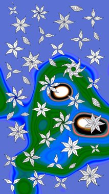 Raster deseni. Patlayan çiçekler soyut olarak yerleştirilmiş. Raster illüstrasyonu. Mavi ve yeşil renklerde bahar çiçekleri..