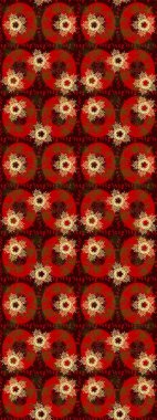 Sanat terapisi tarzı zen çizim için kırmızı, kahverengi ve sarı mandala şeklinde kar taneleri. El çizimi, dövme stili, kumaş tasarımı ve Raster illüstrasyonunda kartlar..