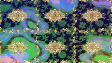 Antika altın tekrarlanabilir duvar kağıdı. Yeşil renklerdeki altın element. Damask çizim kalıbı arka planı tekrarlıyor. Barok tarzında altın çiçek süsü..