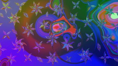 Mor ve mavi renkte çiçekler. Asya tekstil tarzında. Raster illüstrasyonu. Raster illüstrasyonu. Çiçek desenini çiz.