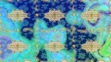 Çiçek süsü kumaş deseni, cam, altın elementli mavi renklerde çiçek desenli metal. Klasik Raster altın eskiz modeli..