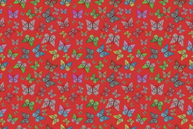 Giysi tarzı için siyah, turuncu ve gri arkaplan üzerine dekorasyon. Farklı renkte kelebeklerden kusursuz. Fantezi renkli resimler koleksiyonu. Tasarım için kelebekler.