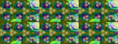 Yeşil renkler ve parlak çiçekler üzerinde soyut, pürüzsüz desen. Çiçeksel elementlerle süslenmiş zarif raster dokusu. Küçük çiçekte şirin bir çiçek deseni var..