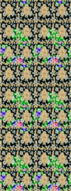 Raster altın çiçek süsü brokar kumaş ve cam desenli. Altın elementli siyah renkler. Altın şablonu çiz. Çiçek desenli altın metal..