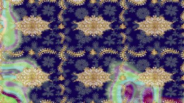 Altın elementli mavi renkler. Raster altın çiçek süsü brokar kumaş ve cam desenli. Çiçek desenli altın metal. Altın deseni çiz.