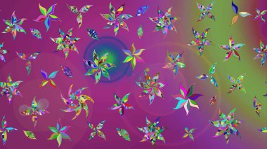 Raster illüstrasyonundaki çiçek desenli çizim. Suluboya tarzında mor ve yeşil renkte çiçekler.