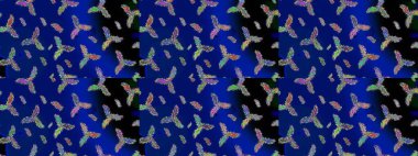 Renkli arka planda izole kar taneleri. Kış kar tanesi, raster arka plan. Yüzey için tekrarlanan doku, ambalaj kağıdı, mavi, siyah ve yeşil renkler. Raster illüstrasyonu.