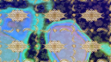 Arkaplan, kumaş, altın duvar kağıdı. Düz elle çizilmiş klasik koleksiyon. Raster Golden eskiz kalıbı. Altın elementlerle mavi renklerde altın desen.