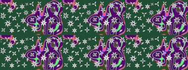 Yeşil renkli bitkilerden oluşan parlak çiçekli çizim deseni.