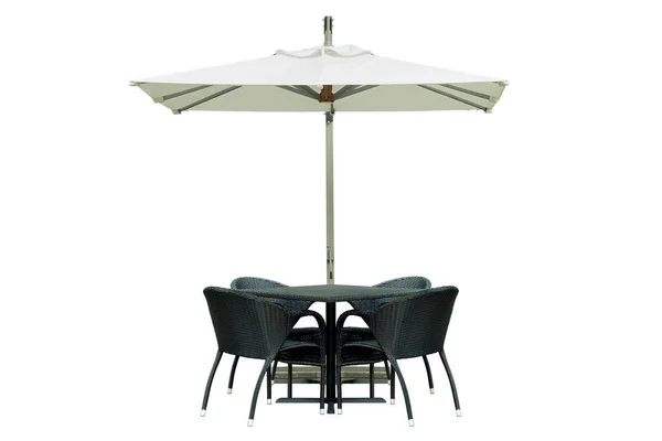 Outdoor Eettafel Stoelen Met Vierkante Paraplu Geïsoleerd Witte Achtergrond — Stockfoto