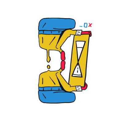 Guy Holding ekranda bekliyor. Vektör Kavramı Yükleniyor. Sarı, Mavi ve El Çizgili Kalın Çizgili. Beyazda İzole Edilmiş.