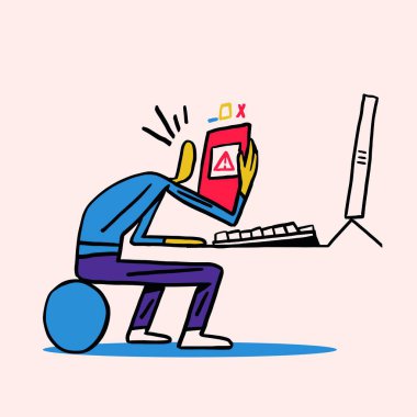 Bilgisayarından hata tutmakta zorlanan bir adam. Teknoloji sorunu Vektör Kavramı ve Kalın çizgi ve birincil renkle çizilmiş minimalist el.