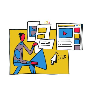 Bilgisayarın içindeki kadın dijital çalışma konsepti. Bilgisayar ve sosyal medya ile çalışmak. Kalın Çizgili Moda Vektör Tasarımı.