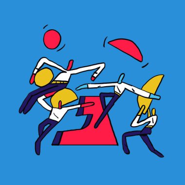 Takım çalışması ve takım çalışması soyut şekillerle iletişim kuruyor. Mavi üzerine izole edilmiş birincil renk ve siyah koyu çizgi ile vektör kavramı çizimi