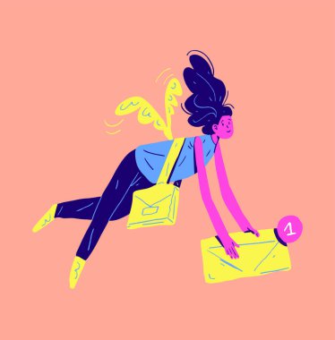 Uçan Kız, zarf, bildirim konsepti, vektör el çizimi, düz tasarım illüstrasyon ile yeni bir mesaj gönderir