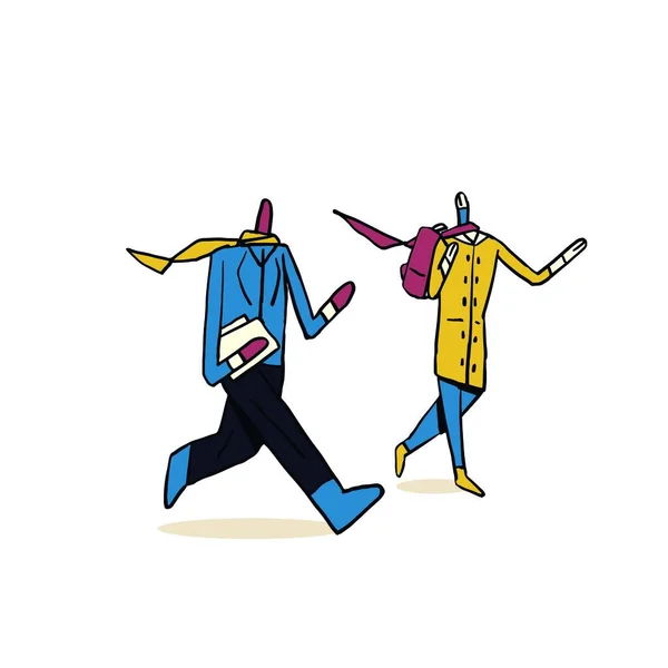 女と男は冬の布で歩くと話す トレンディでミニマリズム太字と原色のイラストベクトル キース ヘリングの雰囲気 — ストックベクタ
