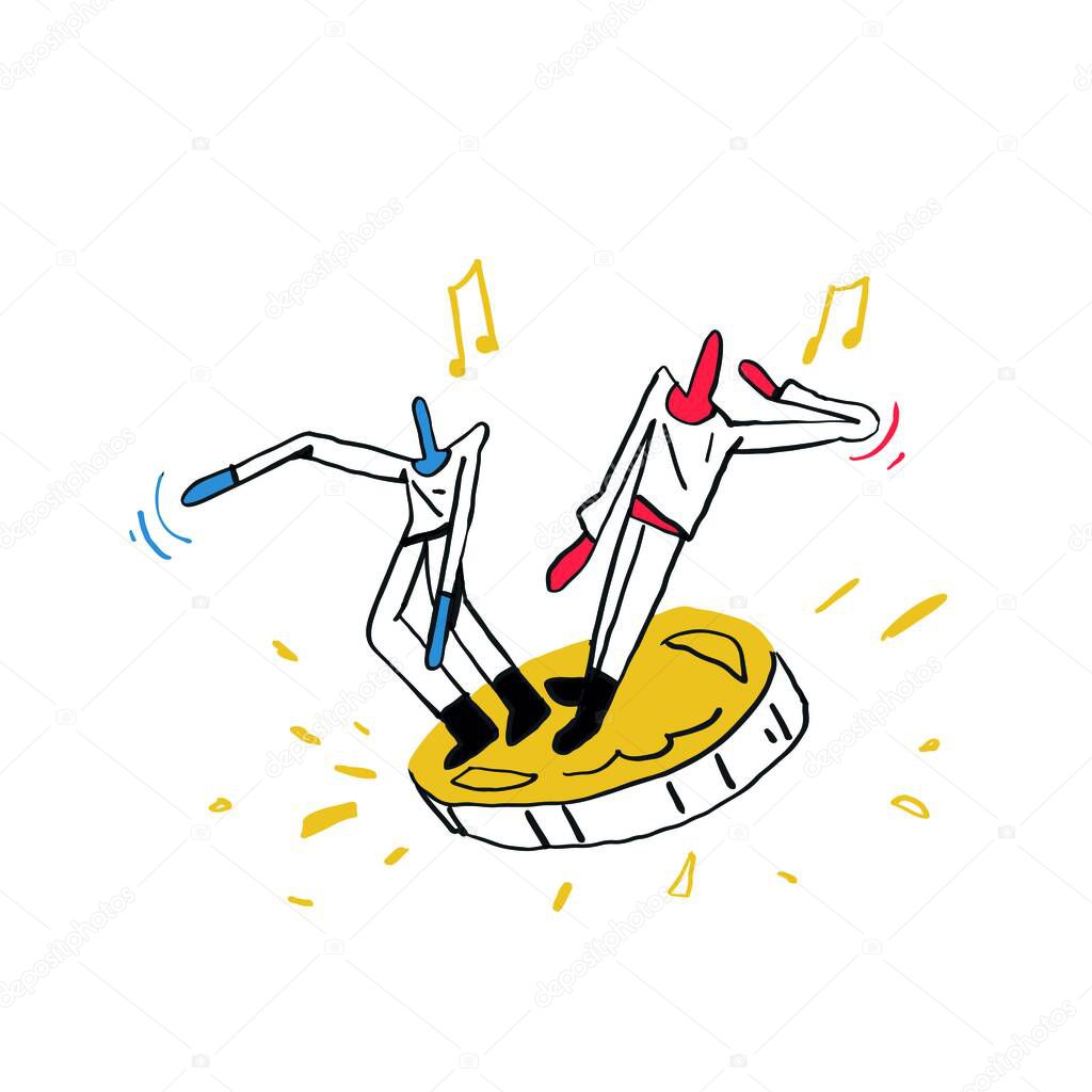 People Dancing on Big Coin. Concept of Happy Investment. Trendy Illustration and Modern with Bold Line and primary colors