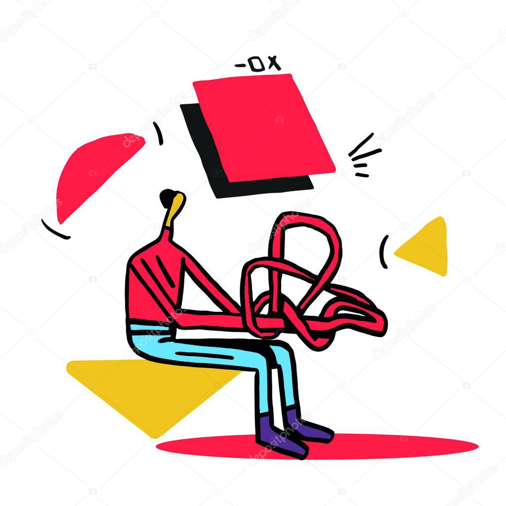 Girl with Tangled Arm have Trouble at work and anxiety. Illustration with abstract shapes and Trendy design and Keith haring vibe. draw with Primary color and bold line
