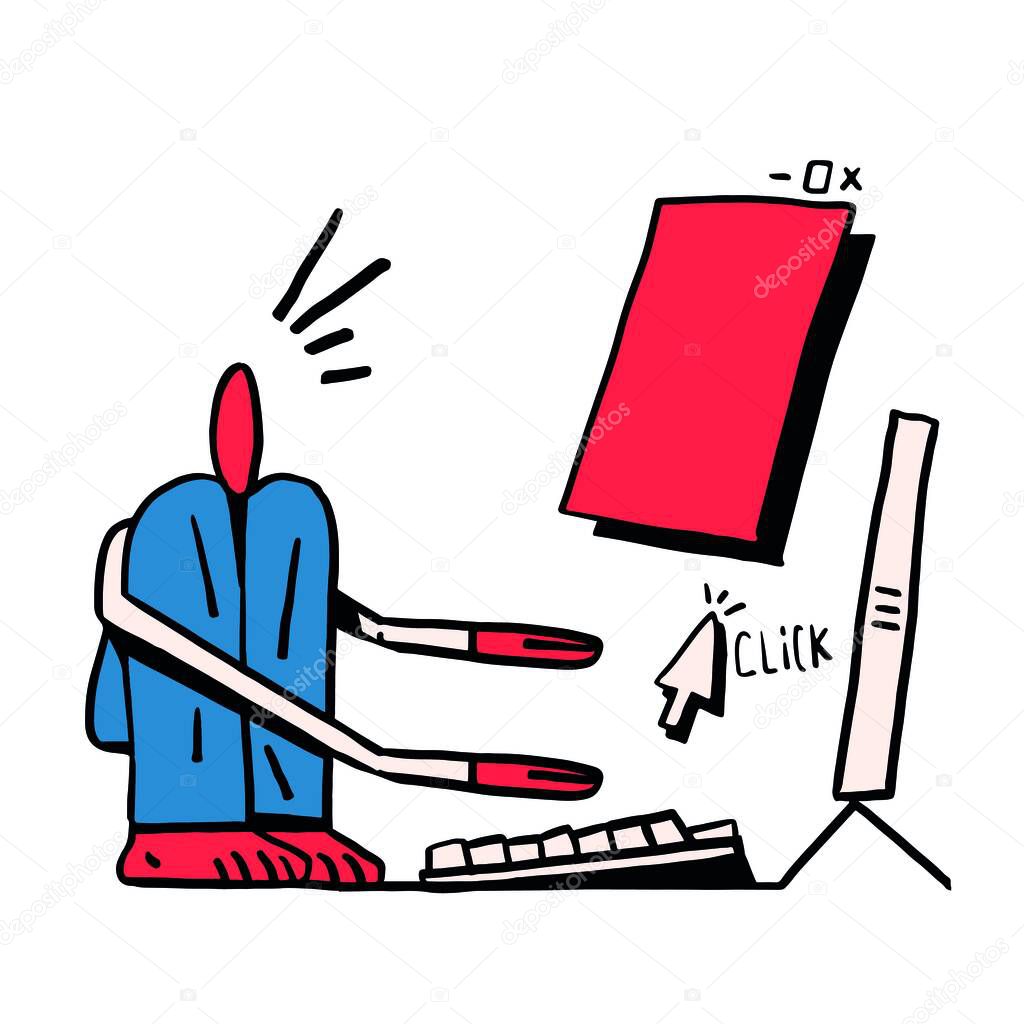 Symbolic Guy Working at home on the floor in the casual way. Semi Abstract Illustration with Giant screen. Trendy design and Keith haring vibe. draw with Primary color and bold line