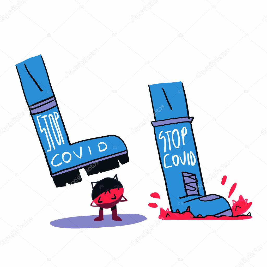 Stop COVID-19 shoes crushed little virus. Hand drawn with Bold line. Clipart Isolated on white