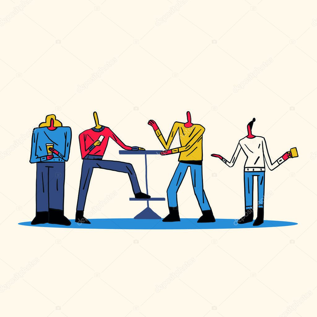 Group of colleagues break at work talking and drink a coffee cup. Trendy and Minimalist Illustration with bold line. Concept with primary color and pastel color