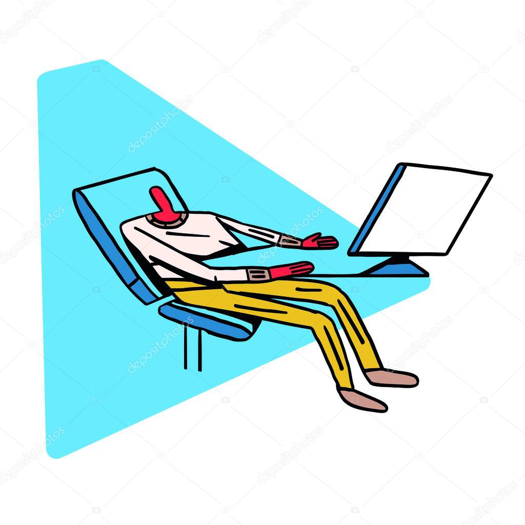Symbolic person working on computer. Minimal vector illustration and draw with bold line ad primary color