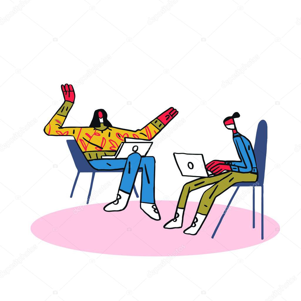 Two Woman meeting Talking at work with laptop and mask. Trendy Vector concept with flat design and bold line. Pink and primary color. Isolated on white