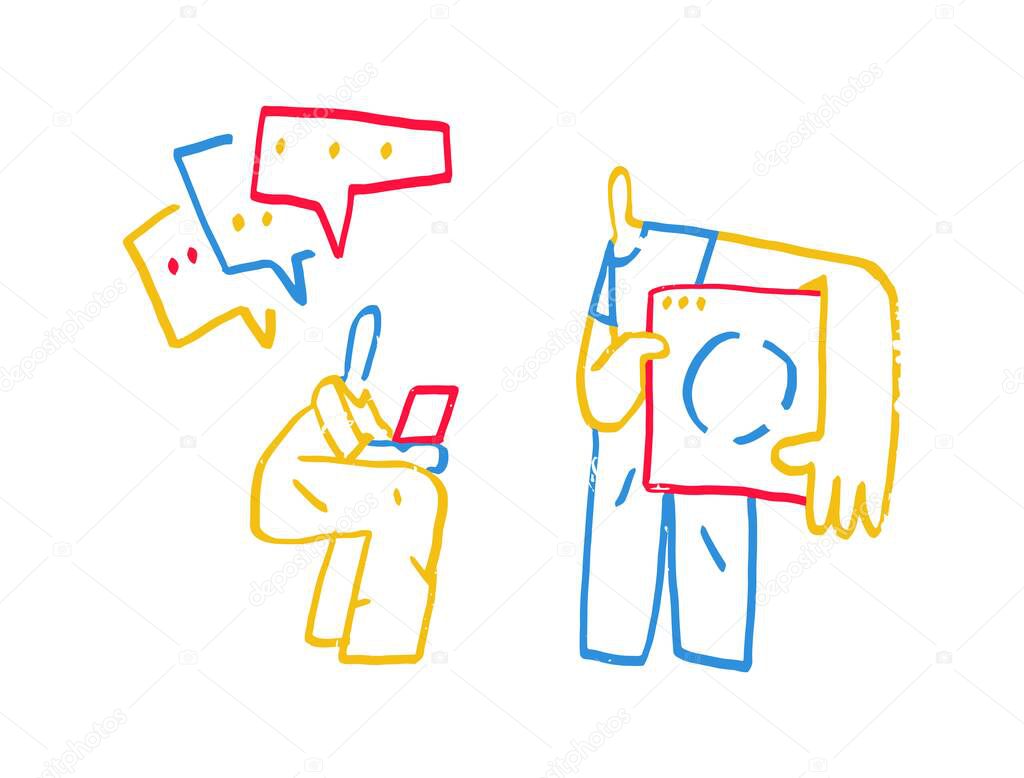 Loading concept with symbolic people line waiting and search. Trendy and Minimalism Vector art with primary colors. Hand drawn with Bauhaus and Mondrian color's. isolated on white