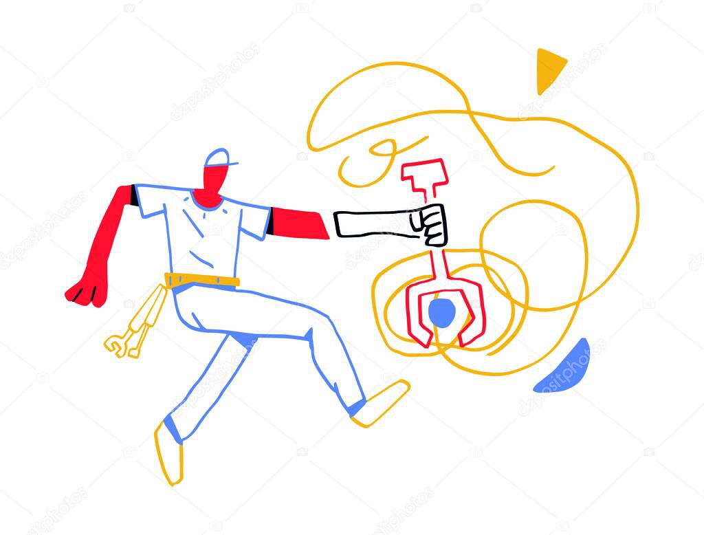 Repairman repair error system, technology concept for repair system. Hand drawn Vector. Minimalism with primary color. Modern art. Hand Drawn illustration. Isolated on white