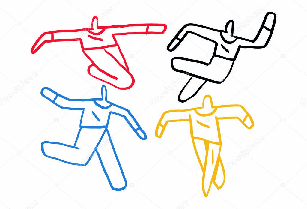 Symbolic people hand drawn primary color and minimalism vector art for print. Isolated on withe. Keith Harring vibes.