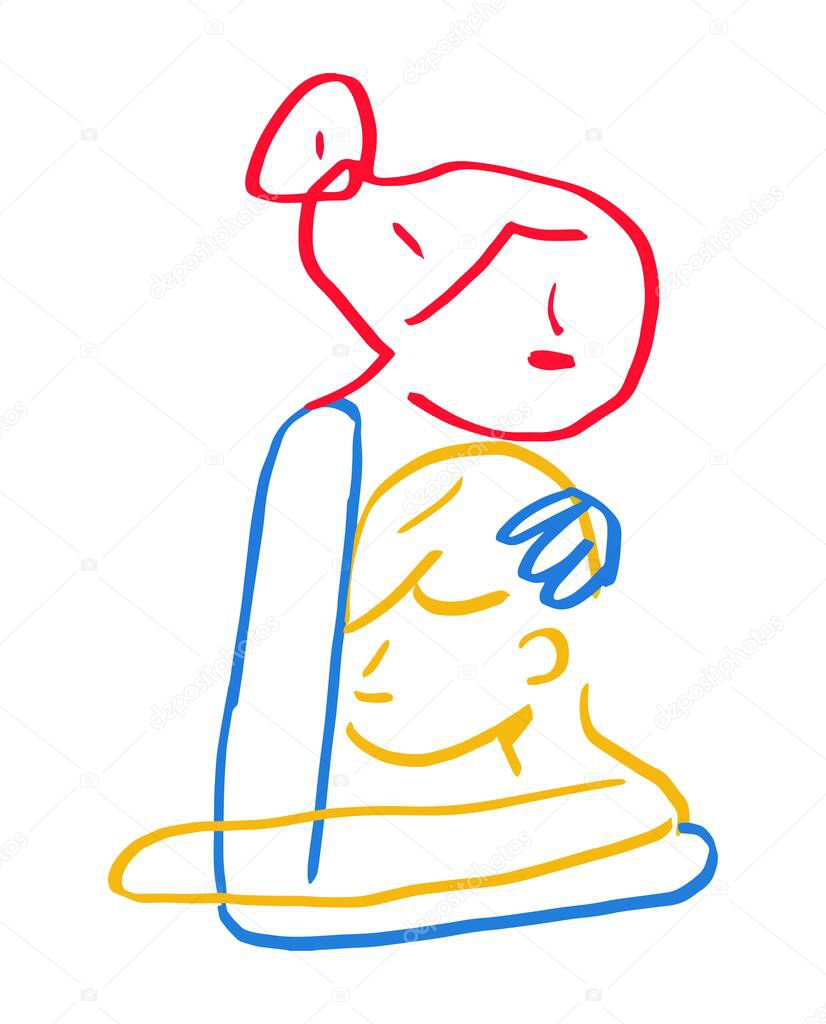 Minimalist Mother and child, sad portrait. Abstract Bright and Primary Colors. Hand drawn vector art for print. Contemporary art. isolated on white.