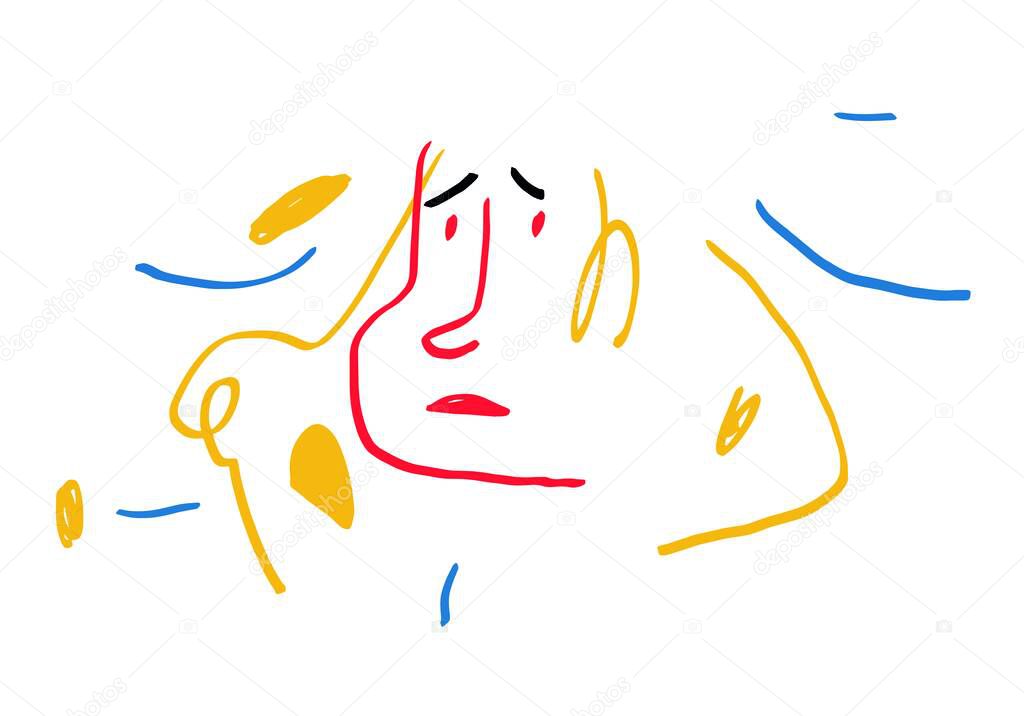 Minimalist Sad Girl Portrait Face with Abstract Bright and Primary Colors. Hand drawn vector art for print. Contemporary art. isolated on white.