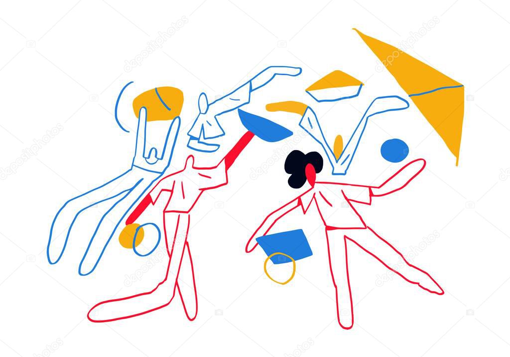 Team Working Concept, Help and work together. Abstract teamwork. Minimalism Vectors art with primary color shapes. Painting, Modern and trendy illustration. Hand drawn. Bauhaus and Mondrian Vibes.