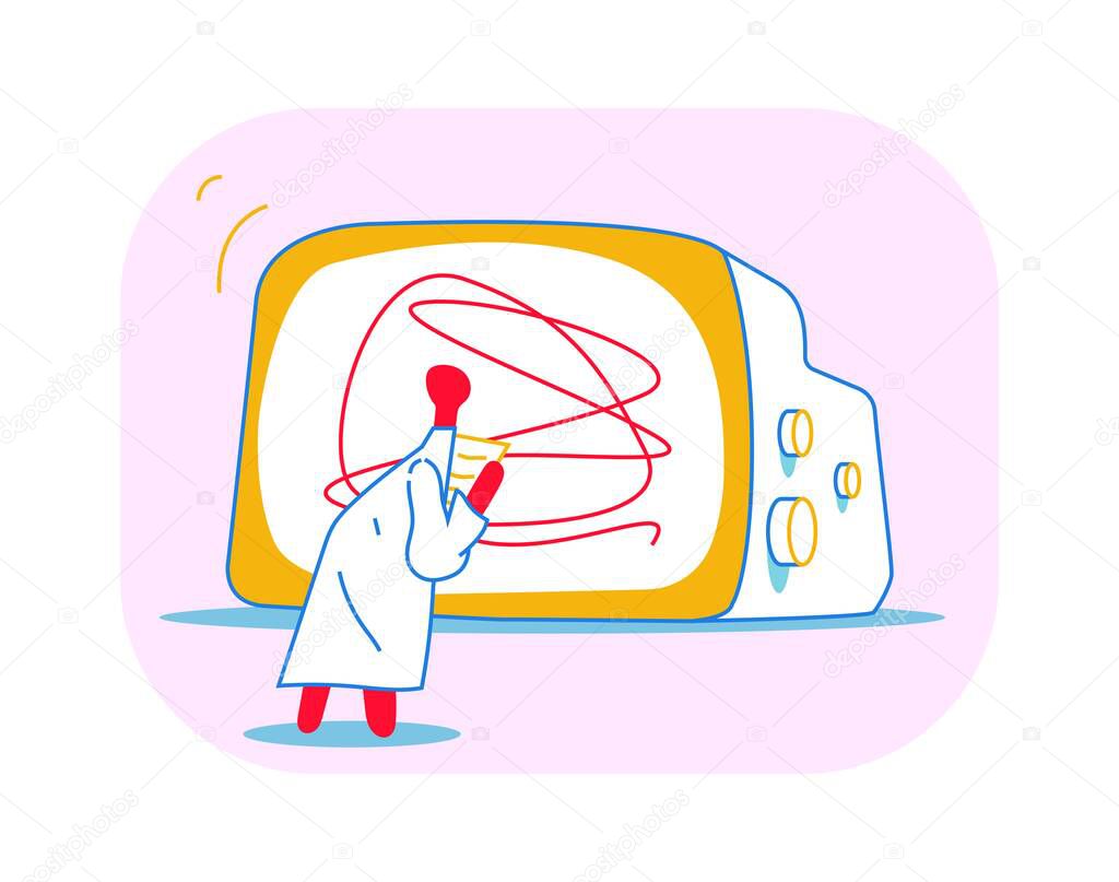 Scientist Watch Scribble Error in Giant Computer Screen. Vector concept with Primary Color and Bold line. Hand drawn. Technology and fatal error message. Isolated on White.