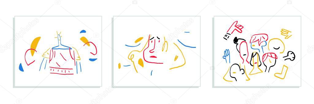 Set of Abstract Minimalism Vectors art with primary color shapes and people For print, decoration Painting, Modern and trendy illustration. Hand drawn with Bauhaus and Mondrian color's.