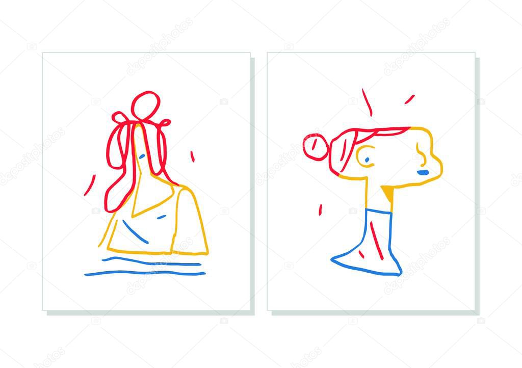 Set of Women portraits. Abstract Minimalism Vectors art with primary color Line Art, for print, poster, decoration. Modern and trendy illustration. Hand drawn. Mondrian and Keith Haring vibe