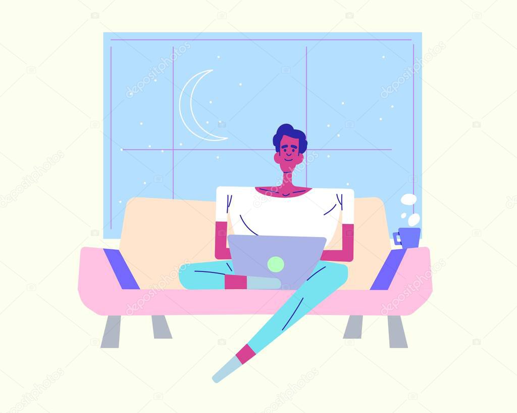 African guy work at home on couch at night - freelance, student. Self isolation remote job illustration flat design, without line