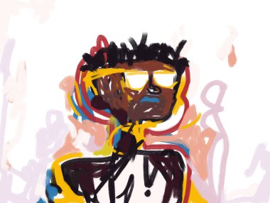 Afrika gençlik portresi. Şekilleri ve çizgileri olan soyut kaba resim. Dışavurumculuk ve Basquiat Style. Baskı posteri ve tuval için. Dekorasyon için boyama.