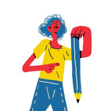 Gülümseyen Kız işareti ve Dev Kalem 'i tutuyor. Komik bir karikatür. 