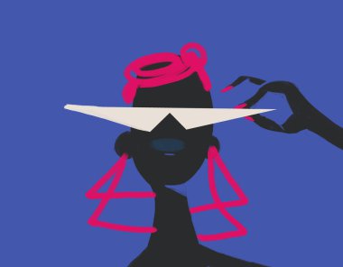 Moda gözlüklü Afrikalı Kadın portresi. Pembe saçlı ve tırnaklı mavi üzerine izole edilmiş. Baskı ve poster için.