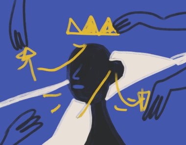 Kral portresini el ve tacı ile giydirin. Dışavurumculuk, resim ve modern soyut sanat. Basquiat titreşimi. Baskı ve poster için sanat