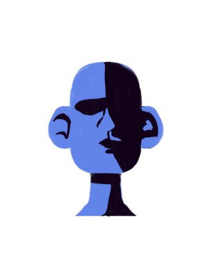 Yüzünde gölge olan heykel mavisi bir yüz portresi. Chiaroscuro çizimi. Üç boyutlu bir figür. beyaz üzerine izole