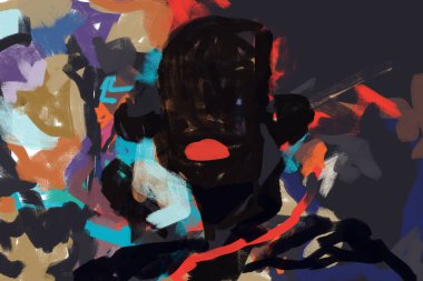 Taslak renkli dışavurumculuk portresi. Üzücü ve karanlık bir tablo. Çağdaş ve post modern sanat. Geceçöküşü Soyut Sanatı. Basquiat titreşimi. Baskı, tuval ve poster sanatı.